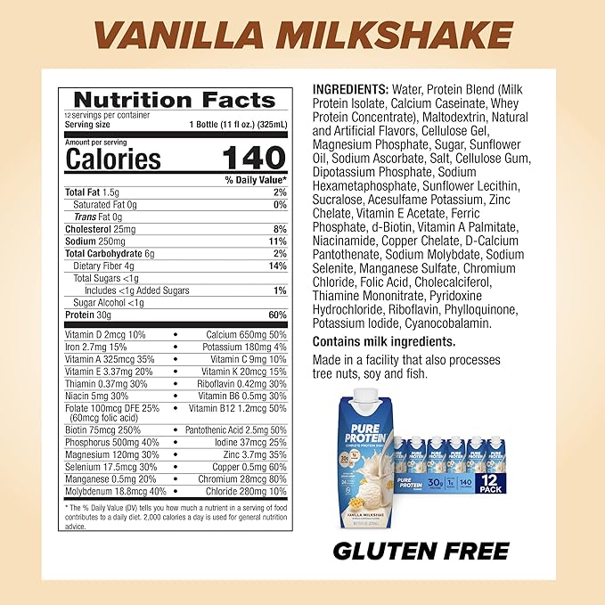 Pure Protein Vanilla Protein Shake, 30g Complete Protein, Vitamins A, C, D, and E plus Zinc to
