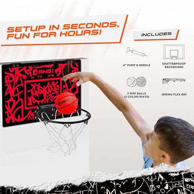 AND1 Over the Door Mini Basketball Hoop: 18x12 Shatterproof Backboard, 2 Mini Basketballs, and Hand
