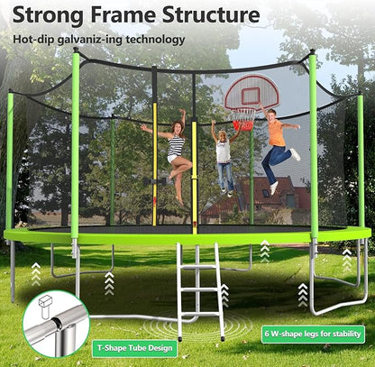 Upgraded 10/12/14/15/16FT Trampoline Outdoor, Large Kids Trampoline with Light, Stakes, Sprinkler