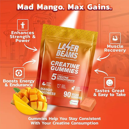 Creatine Monohydrate Gummies for Women & Men - 5g Creapure Creatine per Serving - Vegan, Mango