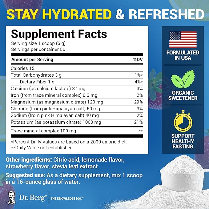 Dr. Berg Zero Sugar Hydration Keto Electrolyte Powder - Enhanced w/ 1000 mg of Potassium & Real