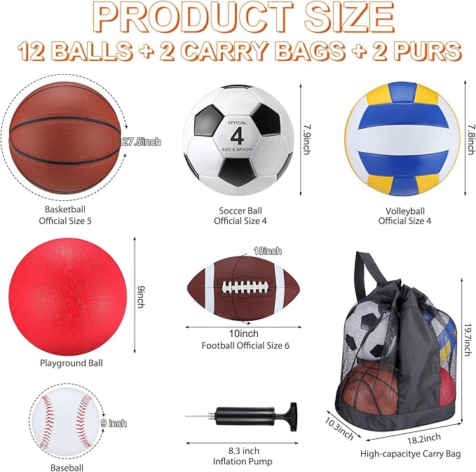 Deekin 12 Pcs Assorted Sport Ball Set Official Size Basketball, Football, Volleyball, Soccer