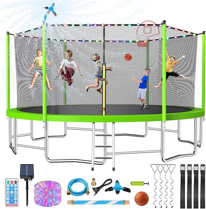 Upgraded 10/12/14/15/16FT Trampoline Outdoor, Large Kids Trampoline with Light, Stakes, Sprinkler