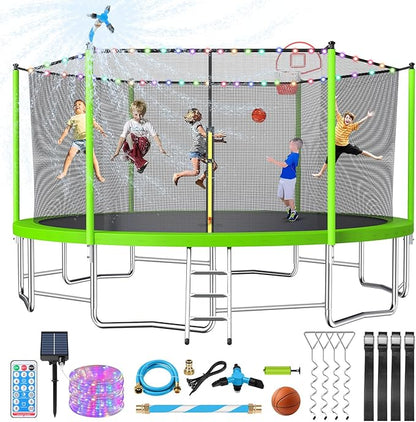 Upgraded 10/12/14/15/16FT Trampoline Outdoor, Large Kids Trampoline with Light, Stakes, Sprinkler