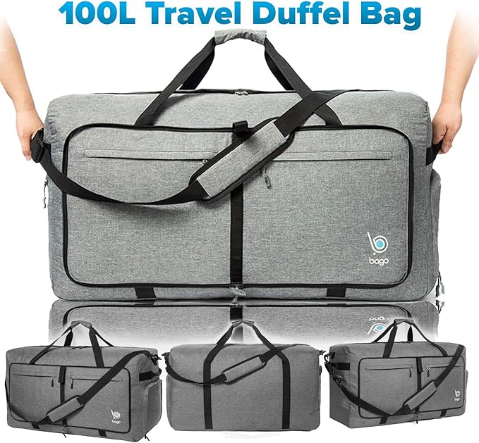 Bago Large Foldable Duffel Bags for Traveling Women & Men - 100L Packable Duffle Bag for Travel