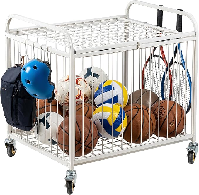 MyGift Large Capacity Metal Rolling Multi Sports Ball Cage Storage Hopper, Gym Equipment Basket