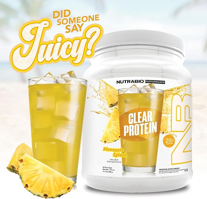 NutraBio Clear Protein Powder, Pineapple Splash - 20 Servings, 20g Clear Whey Protein Isolate, 0