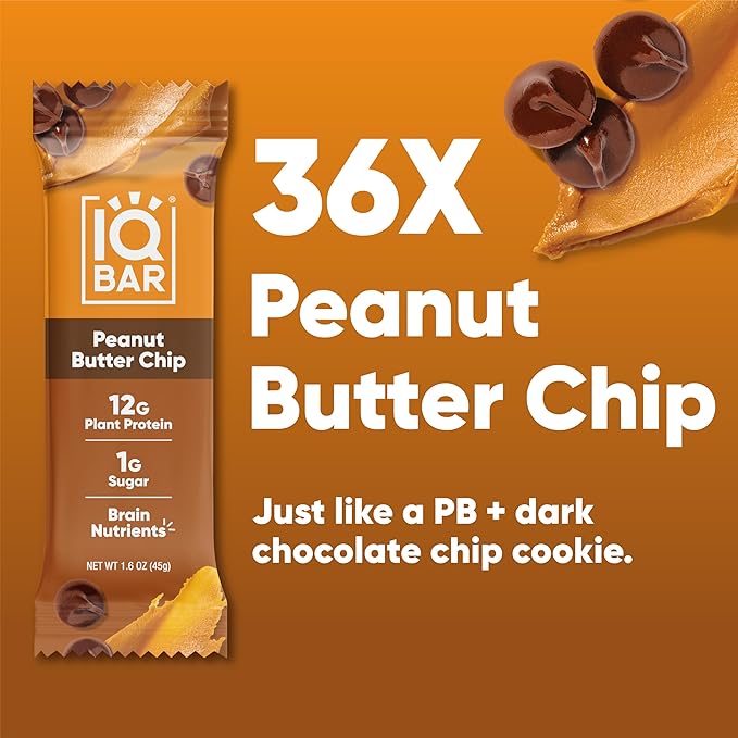 IQBAR Brain and Body Plant Protein Bars - Peanut Butter Chip - 36-Count Low Carb - Gluten Free