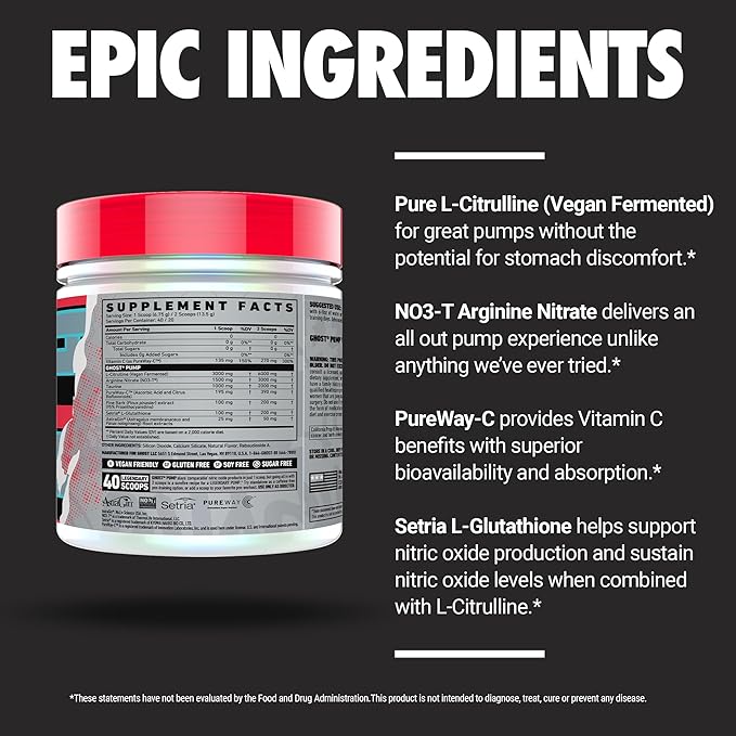 GHOST Pump Nitric Oxide Powder, Natty - 40 Servings - Sugar & Stim-Free Pre-Workout Supplements