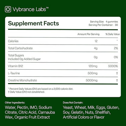 Creatine Gummies 5g – Sugar-Free Creatine Monohydrate + Taurine & B12 | Vegan, Gluten-Free | Green