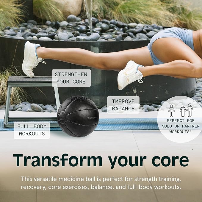 Core Weighted Medicine Ball 4, 6, 8, 10, 12, 14, 16, 20, 25, 30 lbs, Soft Touch Vegan Leather with