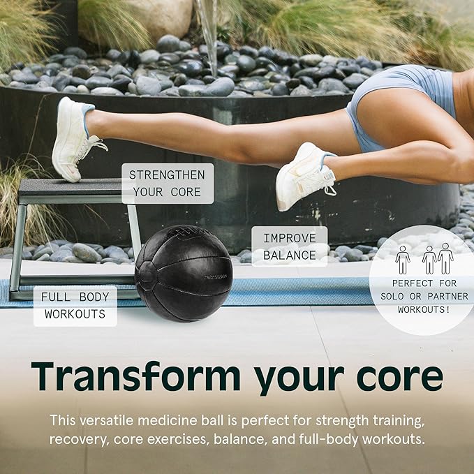 Core Weighted Medicine Ball 4, 6, 8, 10, 12, 14, 16, 20, 25, 30 lbs, Soft Touch Vegan Leather with