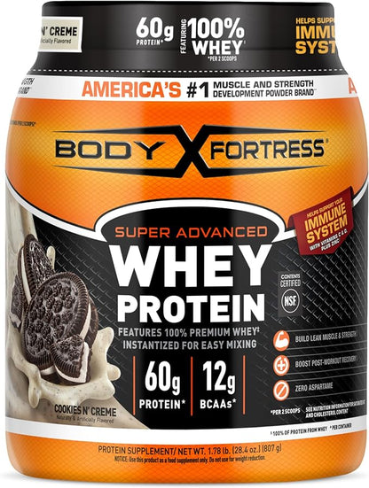 Body Fortress Super Advanced Whey Protein Powder, Cookies N??Creme, 60g Protein & 12g BCAAs Per 2