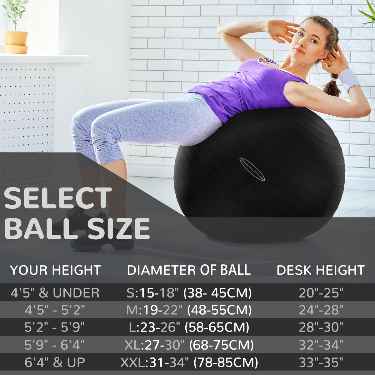 Fitvids Unisex Adult 26-inch, Exercise Ball, Black, 58-65cm L US