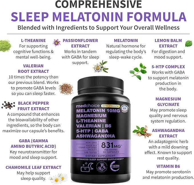 12-in-1 Melatonin Sleep Capsules - 10mg Melatonin Extra Strength with Magnesium and Balanced Blend