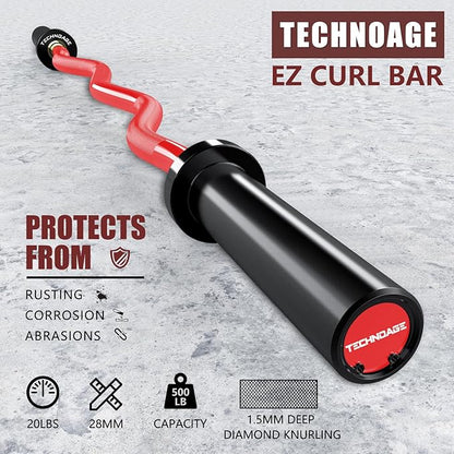 TECHNOAGE Olympic EZ Curl Bar, 47" Curl Bar(350/500LBS Capacity) 20LB, Solid Steel, Chrome Finish