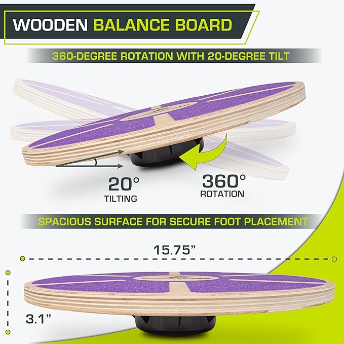 ProsourceFit Wooden Balance Board Non-Slip Wobble Core Trainer 15.75in (39.5cm) Diameter with 360