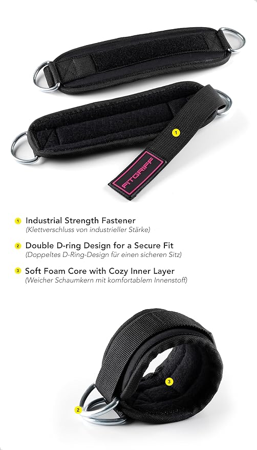 Fitgriff® Ankle Straps V3 for Cable Machine (2 Pieces) - Gym Workout Equipment - Leg Pulley