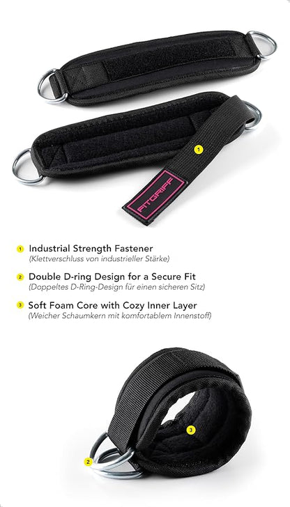 Fitgriff® Ankle Straps V3 for Cable Machine (2 Pieces) - Gym Workout Equipment - Leg Pulley