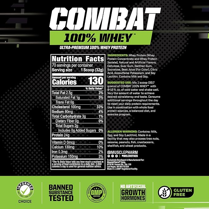 MusclePharm Combat 100% Whey Protein Powder, Strawberry Cream Flavor, Fast Recovery & Muscle Gain