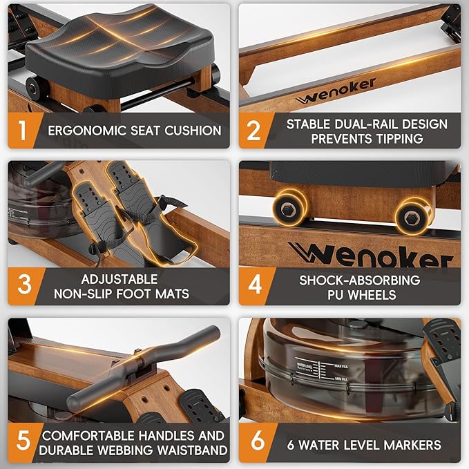 Water Rowing Machine for Home Use, WENOKER Wooden Foldable Rower Machine with Adjustable Monitor &