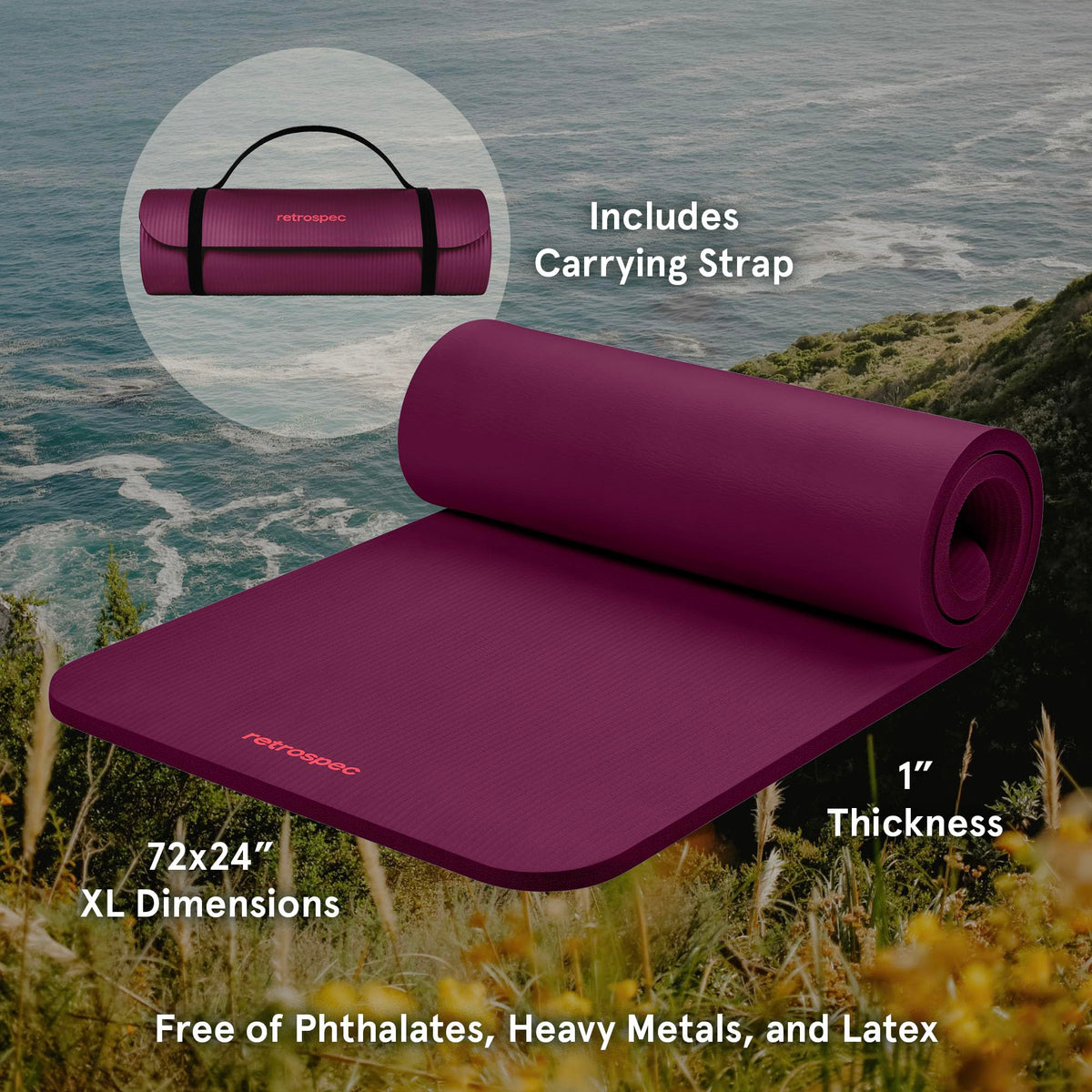 Retrospec Solana Yoga Mat 1" Thick w/Nylon Strap for Men & Women - Non Slip Exercise Mat for Home