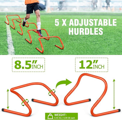 Speed and Agility Training Equipment: 5 Adjustable Agility Hurdles. 20ft Agility Ladder, Soccer