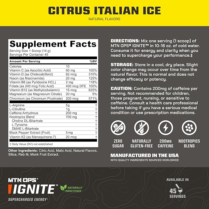 MTN OPS Ignite Energy Drink Powder, Naturally Gluten Free & Sweetened with Monk Fruit, Nitric Oxide