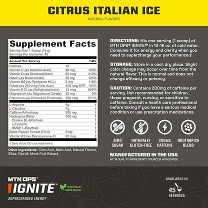 MTN OPS Ignite Energy Drink Powder, Naturally Gluten Free & Sweetened with Monk Fruit, Nitric Oxide
