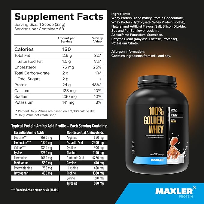 Maxler 100% Golden Whey Protein - 24g of Protein per Serving - Premium Whey Protein Powder for Pre