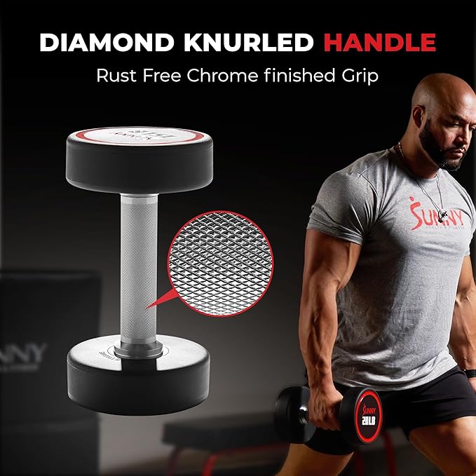 Sunny Health & Fitness Premium Polyurethane Commercial Grade Round Dumbbells with Diamond Knurled