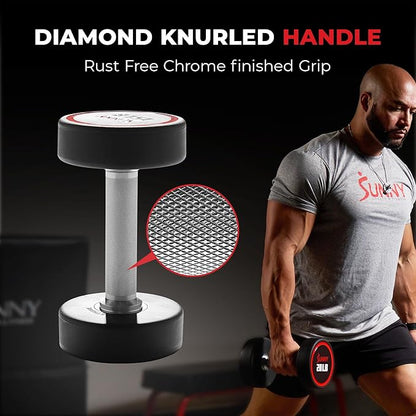 Sunny Health & Fitness Premium Polyurethane Commercial Grade Round Dumbbells with Diamond Knurled