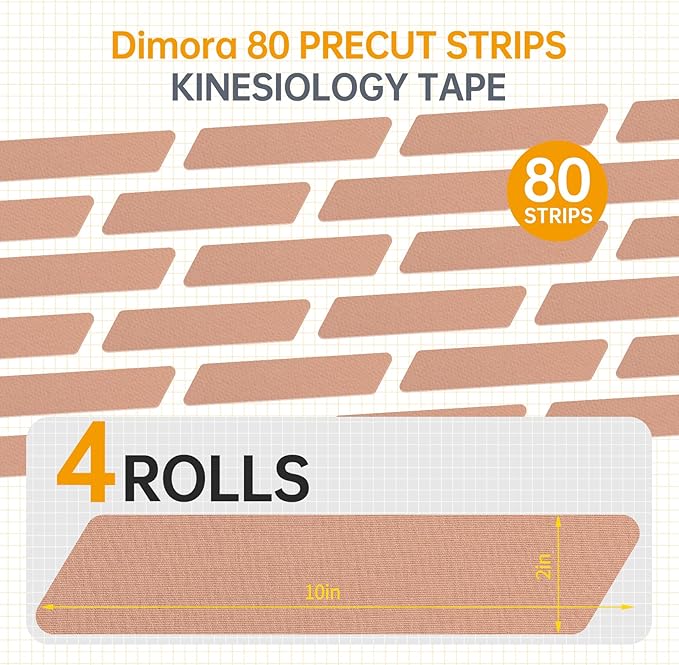 Dimora Kinesiology Tape, 80 Count Precut Strips 4 Rolls, Original Cotton, 10” Elastic Athletic Tape