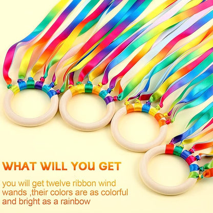12 Pcs Rainbow Ribbon Wooden Waldorf Toys Creative Waldorf Hand Kite Set Streamers with Wood Ring