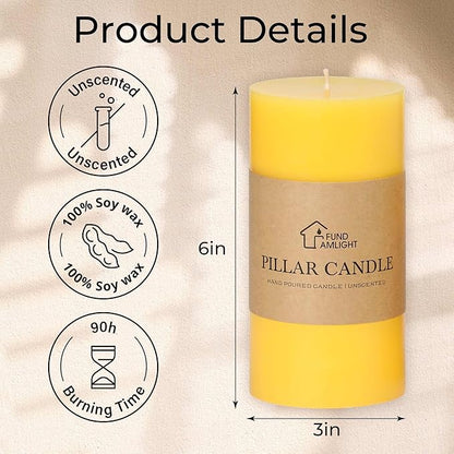 3x6 Inch Yellow Pillar Candles Set of 3 - Decorative Unscented Pillar Candles, Long Burning