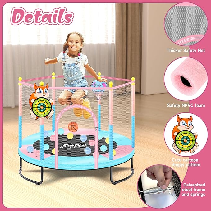 Pink Indoor Trampoline for Kids 2-5, 5ft Mini Indoor & Outdoor Small Toddler Trampoline with Net