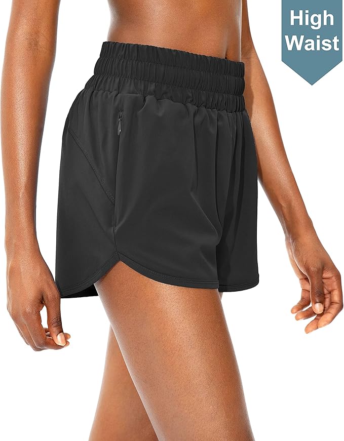 SANTINY Women's Running Shorts with Zip Pockets High Waisted Athletic Workout Gym Shorts for Women