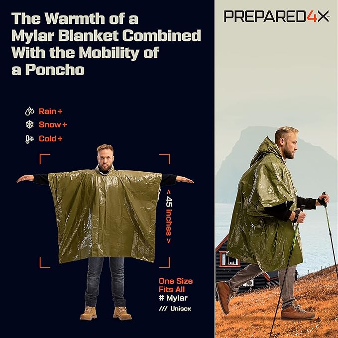 PREPARED4X Emergency Poncho and Mylar Blanket Liner - Waterproof, Wind-Resistant Outdoor Rain