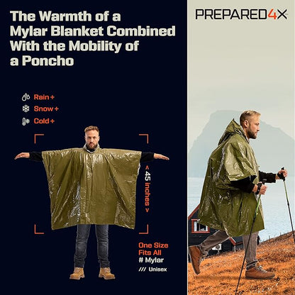 PREPARED4X Emergency Poncho and Mylar Blanket Liner - Waterproof, Wind-Resistant Outdoor Rain
