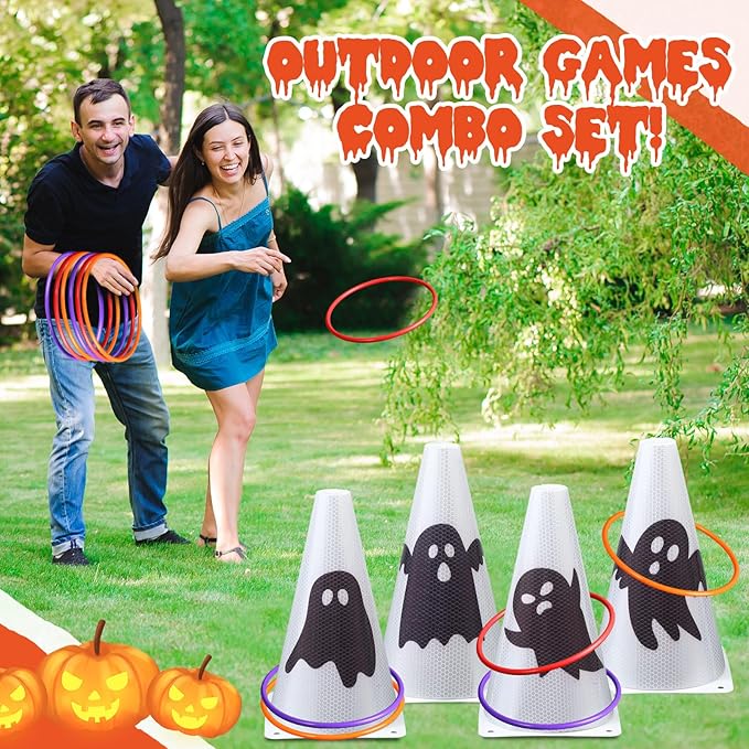 Leitee 6 Sets Candy Corn Ring Toss Game Plastic Cones Ring Toss Combo Set Mini Traffic Cones Toss