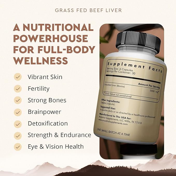Ancestral Supplements Grass Fed Beef Liver 180 Capsules, Supports Energy Production