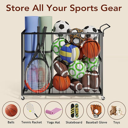 Ball Storage Bin Rolling Sports Ball Cart, Metal Garage Organizer Sport Rack, Ball Basket Storage