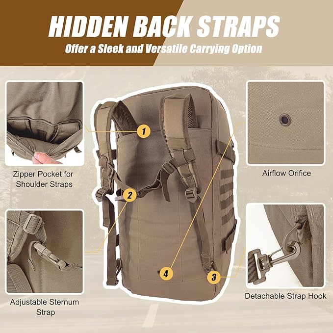 65L Large Travel Gym Duffle Bag Military Tactical Backpack, Army Pack 3 Day Bug Out Bag Rucksack