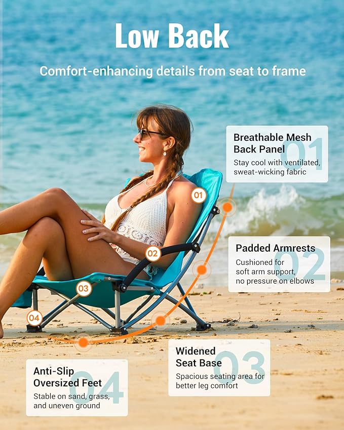 KingCamp Low Beach Chairs, Portable Folding Chair for Adults Extra Wide Ergonomic High Back Seat