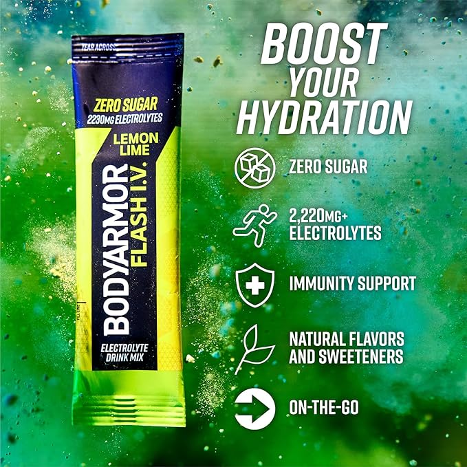 BODYARMOR Flash IV Electrolyte Packets, Lemon Lime - Zero Sugar Drink Mix, Single Serve Packs