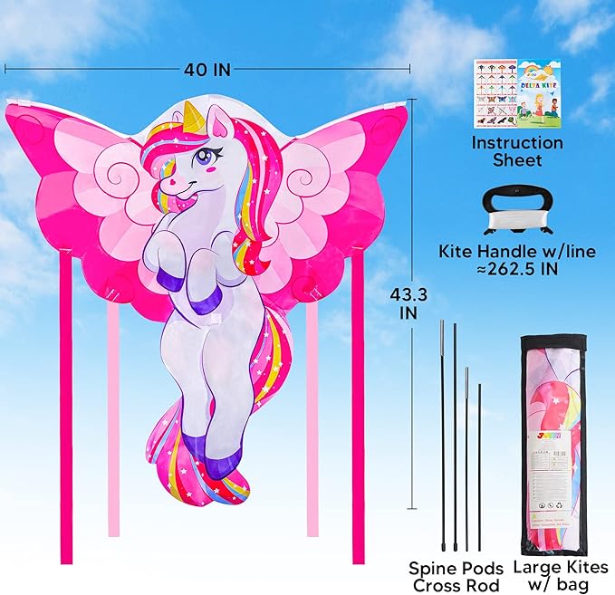JOYIN 43.3'' Giant Unicorn Kite Easy to Fly for Kids and Adults with 262.5 ft String, Large Beach