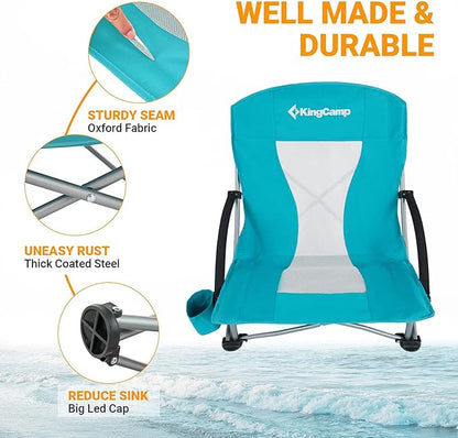 KingCamp Low Beach Chairs, Portable Folding Chair for Adults Extra Wide Ergonomic High Back Seat