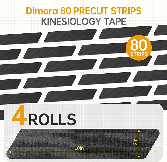 Dimora Kinesiology Tape, 80 Count Precut Strips 4 Rolls, Original Cotton, 10” Elastic Athletic Tape