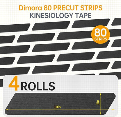 Dimora Kinesiology Tape, 80 Count Precut Strips 4 Rolls, Original Cotton, 10” Elastic Athletic Tape