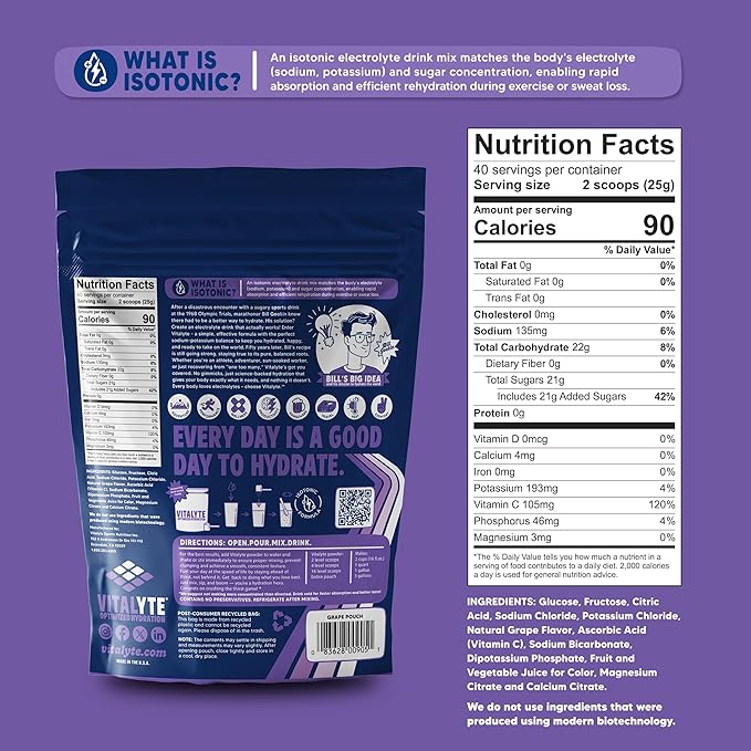 Vitalyte Electrolyte Powder Drink Mix, Isotonic Electrolyte Hydration Mix, Gluten Free Post Workout